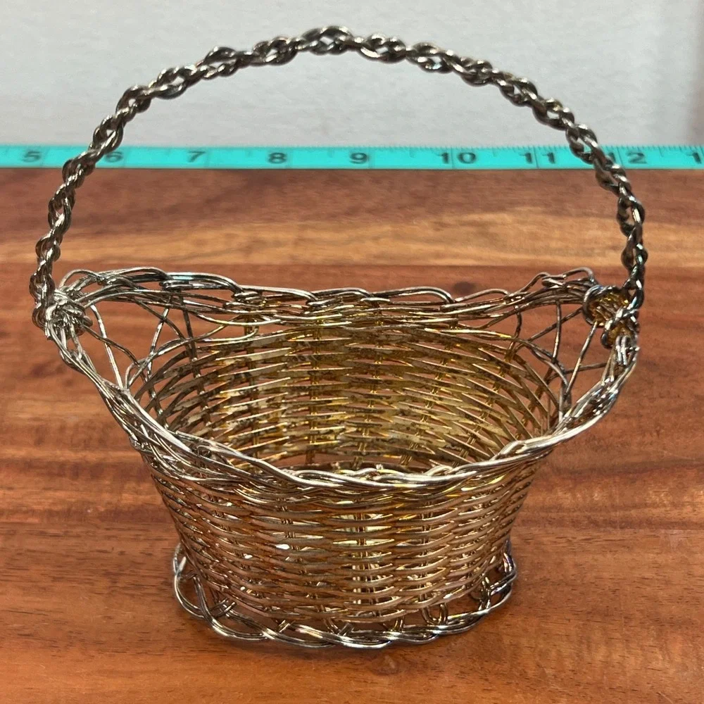 Vintage Miniature Woven Wire Basket Mixed Metal Silver Gold Tone Trinket Decor